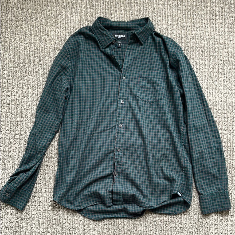 Bonobos Green Casual Button Down Shirt with Checkered Pattern